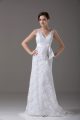 Noble Sleeveless Brush Train Lace and Belt Backless Bridal Gown