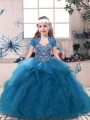 Floor Length Blue Pageant Gowns For Girls Straps Sleeveless Lace Up