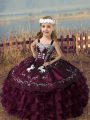 Straps Sleeveless Kids Formal Wear Floor Length Embroidery and Ruffled Layers Burgundy Organza