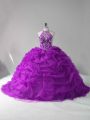 Purple 15th Birthday Dress Sweet 16 and Quinceanera with Beading and Pick Ups Halter Top Sleeveless Court Train Lace Up