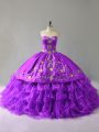 Customized Purple Sleeveless Floor Length Embroidery and Ruffles Lace Up Sweet 16 Quinceanera Dress