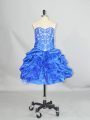 Mini Length Blue Celebrity Evening Dresses Organza and Taffeta Sleeveless Beading and Ruffles and Pick Ups