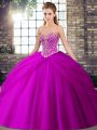 Fuchsia Quinceanera Dress Military Ball and Sweet 16 and Quinceanera with Beading and Pick Ups Sweetheart Sleeveless Brush Train Lace Up