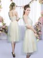 Fashion Champagne Empire Tulle Scoop Half Sleeves Lace and Bowknot Tea Length Lace Up Bridesmaid Dresses