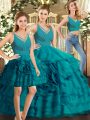 Comfortable Teal Ball Gowns V-neck Sleeveless Organza Floor Length Backless Ruffled Layers Sweet 16 Quinceanera Dress