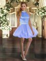 Blue Ball Gowns Beading Dress for Prom Backless Tulle Sleeveless Mini Length