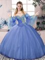 Sexy Floor Length Lace Up Quinceanera Gown Blue for Sweet 16 and Quinceanera with Beading