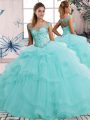 Deluxe Tulle Off The Shoulder Sleeveless Lace Up Beading and Ruffles Quinceanera Gowns in Aqua Blue