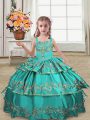 Lovely Turquoise Lace Up Little Girl Pageant Dress Embroidery and Ruffled Layers Sleeveless Floor Length