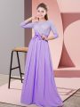 Unique 3 4 Length Sleeve Chiffon Floor Length Side Zipper Quinceanera Dama Dress in Lavender with Lace and Belt