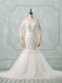 Stunning White Lace Up Off The Shoulder Lace Wedding Dresses Tulle 3 4 Length Sleeve Watteau Train