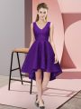 A-line Dama Dress for Quinceanera Purple V-neck Lace Sleeveless High Low Zipper