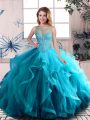 Charming Ball Gowns 15th Birthday Dress Aqua Blue Scoop Tulle Sleeveless Floor Length Lace Up