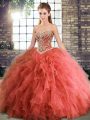 Luxury Sleeveless Floor Length Beading and Ruffles Lace Up Quinceanera Dress with Coral Red