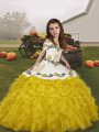 Glorious Gold Sleeveless Embroidery and Ruffles Floor Length Pageant Gowns For Girls