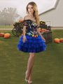 Royal Blue Organza Lace Up Off The Shoulder Sleeveless Mini Length Prom Party Dress Embroidery and Ruffled Layers