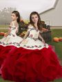 Red Sleeveless Floor Length Embroidery and Ruffles Lace Up Kids Formal Wear