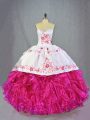 Custom Fit Sweetheart Sleeveless 15 Quinceanera Dress Brush Train Beading and Embroidery and Ruffles Hot Pink Organza