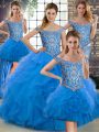 Tulle Off The Shoulder Sleeveless Brush Train Lace Up Beading and Ruffles 15 Quinceanera Dress in Blue