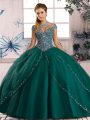 Stunning Green Quince Ball Gowns Tulle Brush Train Cap Sleeves Beading
