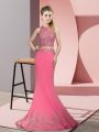 Rose Pink Prom Gown Prom and Party with Beading and Appliques High-neck Sleeveless Sweep Train Zipper