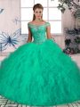 Dazzling Lace Up Quinceanera Dresses Turquoise for Sweet 16 with Beading and Ruffles Brush Train