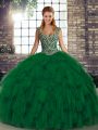 On Sale Green Lace Up Straps Beading and Ruffles Quince Ball Gowns Organza Sleeveless