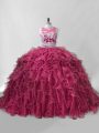 Wine Red Two Pieces Organza Scoop Sleeveless Beading and Ruffles Zipper Quinceanera Gown Brush Train