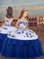 Attractive Blue Ball Gowns Embroidery Kids Pageant Dress Lace Up Tulle Sleeveless Floor Length