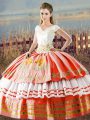 Floor Length Lace Up Quince Ball Gowns White And Red for Sweet 16 and Quinceanera with Embroidery and Ruffled Layers