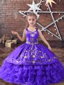 Sleeveless Satin and Organza Floor Length Lace Up Little Girl Pageant Dress in Lavender with Embroidery and Ruffled Layers