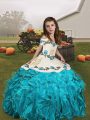 Aqua Blue Straps Neckline Embroidery and Ruffles Little Girl Pageant Gowns Sleeveless Lace Up