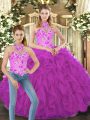 Fuchsia Halter Top Lace Up Embroidery and Ruffles Vestidos de Quinceanera Sleeveless