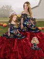 Shining Red And Black Sweet 16 Quinceanera Dress Military Ball and Sweet 16 and Quinceanera with Embroidery and Ruffles Off The Shoulder Sleeveless Lace Up