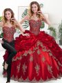 Wine Red Two Pieces Sweetheart Sleeveless Organza Floor Length Lace Up Beading and Appliques and Pick Ups Sweet 16 Dresses