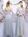 Super Grey Empire Off The Shoulder 3 4 Length Sleeve Tulle Floor Length Lace Up Lace and Belt Bridesmaid Gown