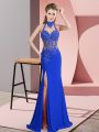 Column/Sheath Prom Gown Blue Halter Top Chiffon Sleeveless Floor Length Backless