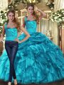 Beautiful Floor Length Teal Quince Ball Gowns Halter Top Sleeveless Lace Up