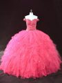 Deluxe Off The Shoulder Sleeveless Lace Up Sweet 16 Dress Hot Pink Tulle