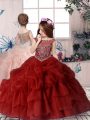 Red Ball Gowns Off The Shoulder Sleeveless Chiffon Floor Length Lace Up Beading and Pick Ups Little Girl Pageant Gowns