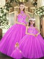 Ideal Lilac Lace Up Halter Top Embroidery Sweet 16 Dress Tulle Sleeveless