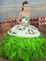 Sweet Sleeveless Organza Floor Length Lace Up Quinceanera Gown in Green with Embroidery and Ruffles and Bowknot