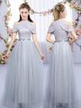Super Grey Quinceanera Dama Dress Wedding Party with Lace and Belt High-neck Sleeveless Zipper