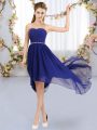 Custom Fit Sleeveless High Low Beading Lace Up Bridesmaid Gown with Royal Blue