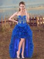 High Low Royal Blue Dress for Prom Sweetheart Sleeveless Lace Up