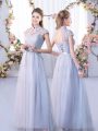 Most Popular Tulle High-neck Cap Sleeves Lace Up Lace Bridesmaid Dress in Grey