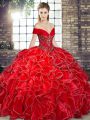 High Class Red Organza Lace Up Off The Shoulder Sleeveless Floor Length Ball Gown Prom Dress Beading and Ruffles