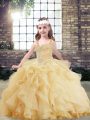 Gold Straps Neckline Beading and Ruffles Girls Pageant Dresses Sleeveless Lace Up