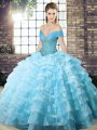 Sleeveless Organza Brush Train Lace Up Quince Ball Gowns in Aqua Blue with Beading and Ruffled Layers