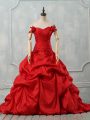 Dramatic Sleeveless Taffeta Court Train Lace Up Sweet 16 Dresses in Red with Pick Ups and Hand Made Flower